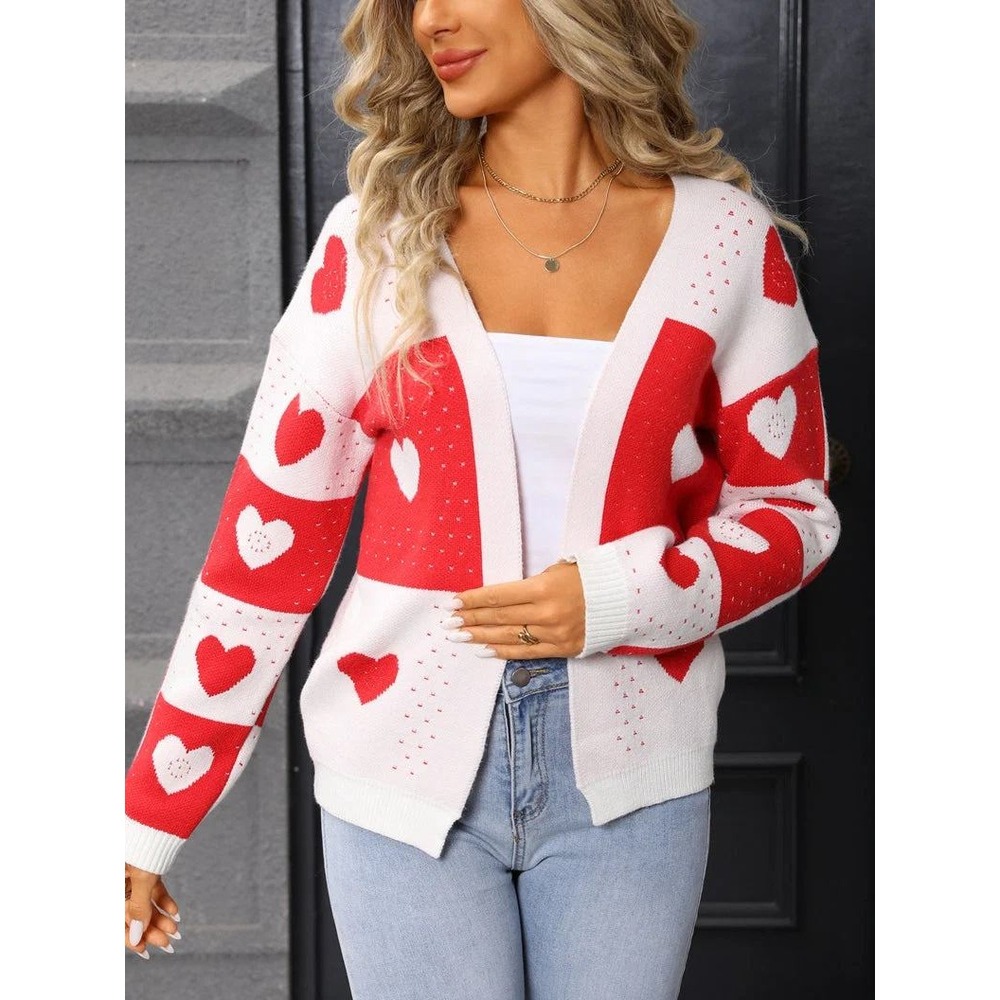 BIBI Red White Heart Patchwork Cardigan Sweater IT3327R-01 Womens XL NWT